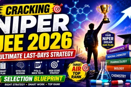 A colorful NIPER JEE 2026 preparation thumbnail featuring a student holding a trophy, pharmaceutical books, chemistry structures, laboratory equipment, capsules, a graduation cap, and an upward growth arrow symbolizing success, rank improvement, and exam selection strategy.
