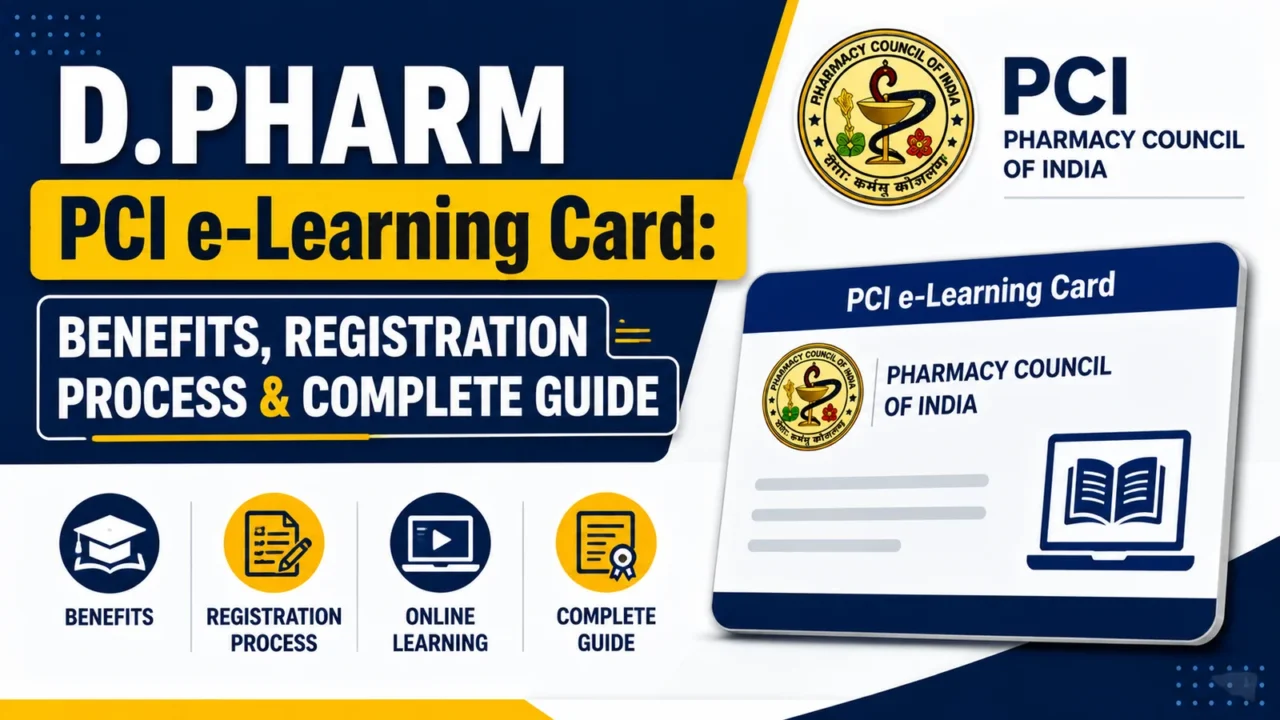 D.Pharm PCI e-Learning Card infographic featuring the Pharmacy Council of India logo, digital learning card, online education icons, registration process, and student learning resources.
