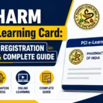 D.Pharm PCI e-Learning Card infographic featuring the Pharmacy Council of India logo, digital learning card, online education icons, registration process, and student learning resources.