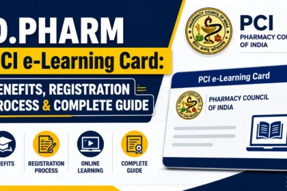 D.Pharm PCI e-Learning Card infographic featuring the Pharmacy Council of India logo, digital learning card, online education icons, registration process, and student learning resources.