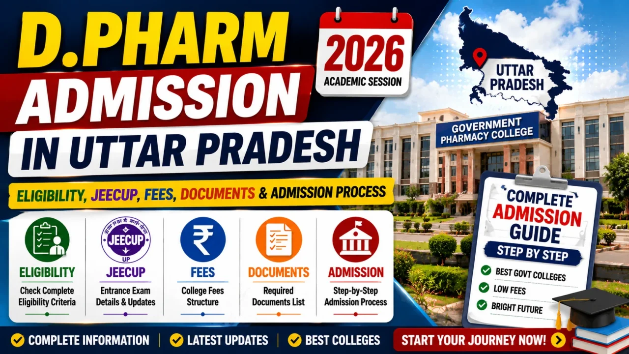 YouTube thumbnail for D.Pharm Admission in Uttar Pradesh 2026 featuring a government pharmacy college, Uttar Pradesh map, and admission highlights including eligibility, JEECUP, fees, required documents, and admission process.
