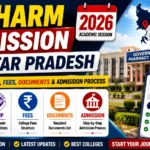 YouTube thumbnail for D.Pharm Admission in Uttar Pradesh 2026 featuring a government pharmacy college, Uttar Pradesh map, and admission highlights including eligibility, JEECUP, fees, required documents, and admission process.