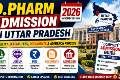 YouTube thumbnail for D.Pharm Admission in Uttar Pradesh 2026 featuring a government pharmacy college, Uttar Pradesh map, and admission highlights including eligibility, JEECUP, fees, required documents, and admission process.