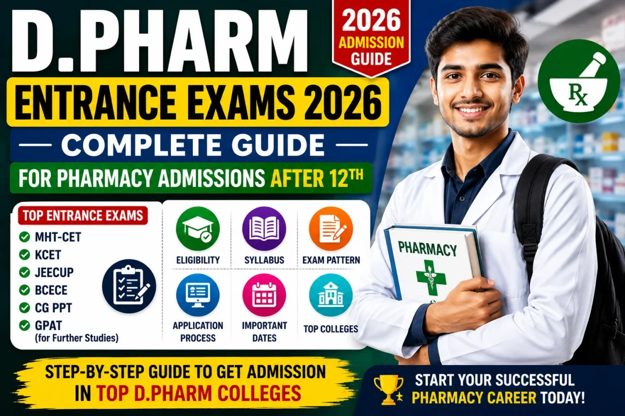 Educational thumbnail for D.Pharm Entrance Exams 2026 featuring pharmacy admission guidance, entrance exam information, eligibility criteria, syllabus, application process, important dates, and top pharmacy colleges after 12th.