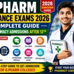Educational thumbnail for D.Pharm Entrance Exams 2026 featuring pharmacy admission guidance, entrance exam information, eligibility criteria, syllabus, application process, important dates, and top pharmacy colleges after 12th.