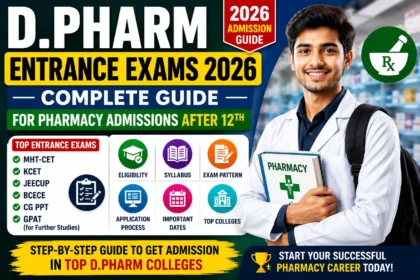 Educational thumbnail for D.Pharm Entrance Exams 2026 featuring pharmacy admission guidance, entrance exam information, eligibility criteria, syllabus, application process, important dates, and top pharmacy colleges after 12th.