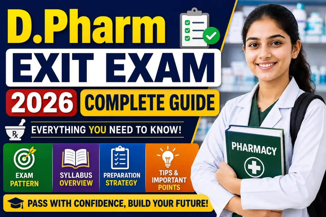 D.Pharm Exit Exam 2026 complete guide thumbnail featuring a pharmacy student with study materials, exam preparation icons, syllabus overview, and exam-related highlights.
