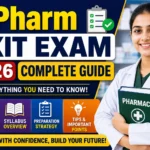 D.Pharm Exit Exam 2026 complete guide thumbnail featuring a pharmacy student with study materials, exam preparation icons, syllabus overview, and exam-related highlights.