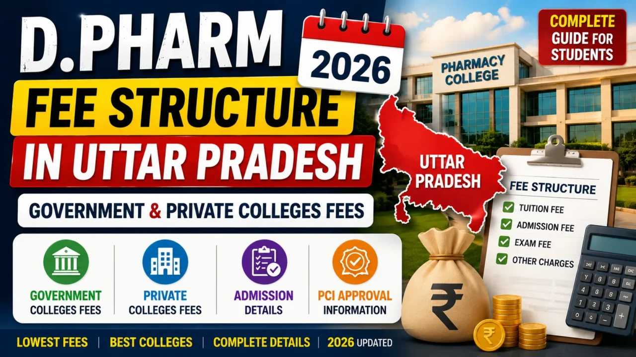 YouTube thumbnail for D.Pharm Fee Structure in Uttar Pradesh 2026 featuring Uttar Pradesh map, pharmacy college campus, calculator, fee structure checklist, and highlights for Government & Private College fees.