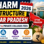 YouTube thumbnail for D.Pharm Fee Structure in Uttar Pradesh 2026 featuring Uttar Pradesh map, pharmacy college campus, calculator, fee structure checklist, and highlights for Government & Private College fees.