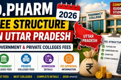 YouTube thumbnail for D.Pharm Fee Structure in Uttar Pradesh 2026 featuring Uttar Pradesh map, pharmacy college campus, calculator, fee structure checklist, and highlights for Government & Private College fees.