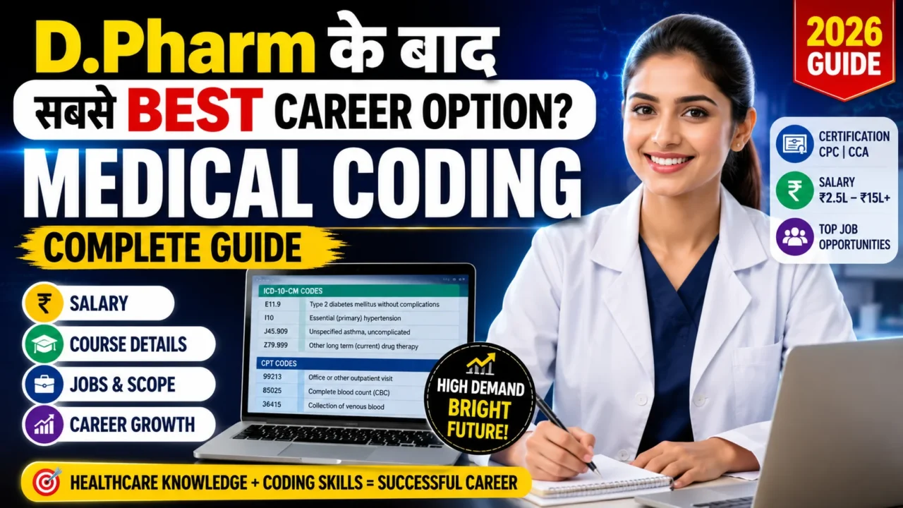 Attractive thumbnail showing a medical professional with laptop and medical coding software, highlighting Medical Coding as the best career option after D.Pharm, including salary, certification, jobs, and career growth opportunities.