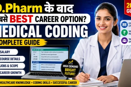 Attractive thumbnail showing a medical professional with laptop and medical coding software, highlighting Medical Coding as the best career option after D.Pharm, including salary, certification, jobs, and career growth opportunities.