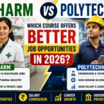 Comparison thumbnail showing D.Pharm and Polytechnic courses side by side, highlighting job opportunities, salary comparison, career growth, and government/private sector employment options in 2026.