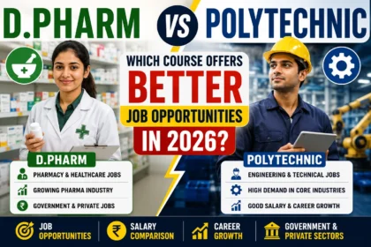 Comparison thumbnail showing D.Pharm and Polytechnic courses side by side, highlighting job opportunities, salary comparison, career growth, and government/private sector employment options in 2026.