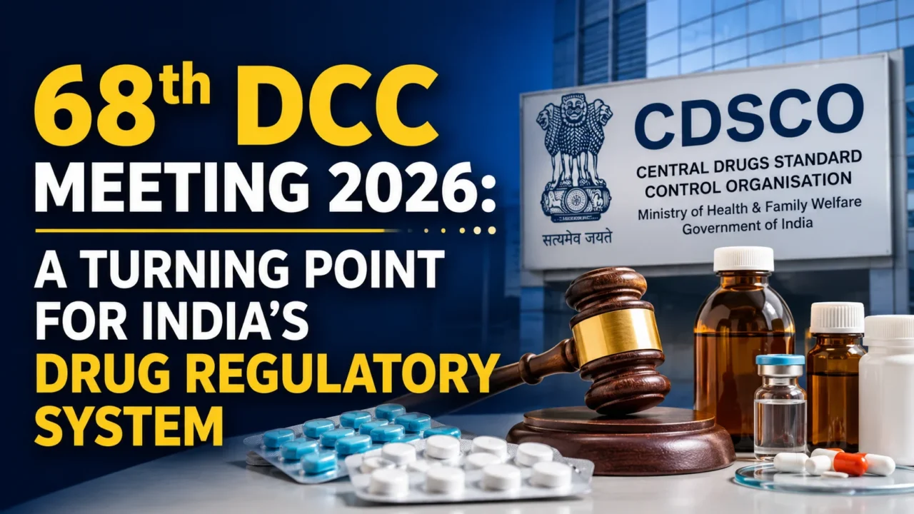 68th DCC Meeting 2026 thumbnail featuring CDSCO headquarters, pharmaceutical medicines, regulatory gavel, and the headline “A Turning Point for India’s Drug Regulatory System”.
