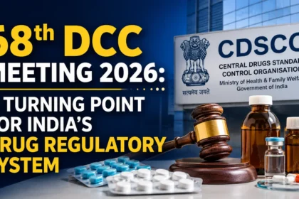 68th DCC Meeting 2026 thumbnail featuring CDSCO headquarters, pharmaceutical medicines, regulatory gavel, and the headline “A Turning Point for India’s Drug Regulatory System”.