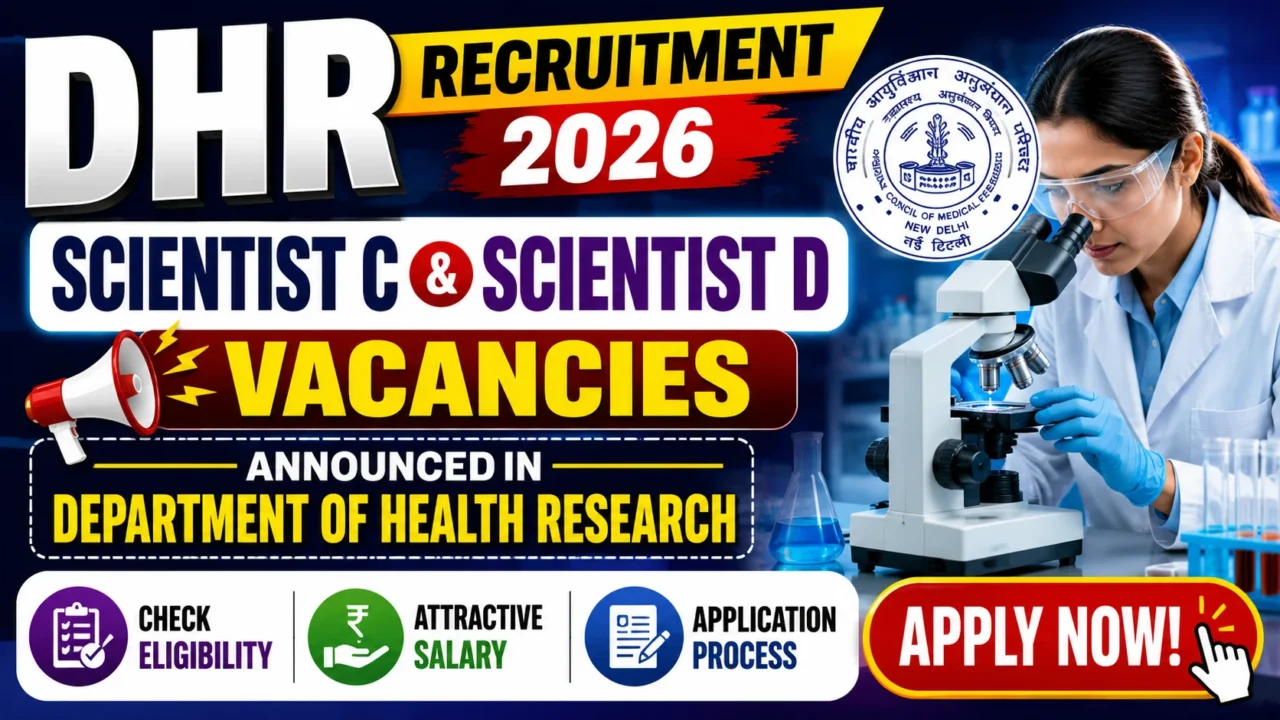 YouTube thumbnail for DHR Recruitment 2026 featuring Scientist C and Scientist D vacancies in the Department of Health Research, with a laboratory scientist using a microscope, DHR logo, and highlights on eligibility, salary, and application process.