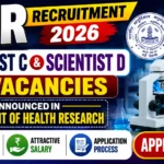 YouTube thumbnail for DHR Recruitment 2026 featuring Scientist C and Scientist D vacancies in the Department of Health Research, with a laboratory scientist using a microscope, DHR logo, and highlights on eligibility, salary, and application process.