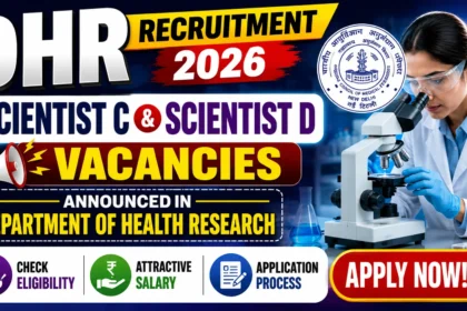 YouTube thumbnail for DHR Recruitment 2026 featuring Scientist C and Scientist D vacancies in the Department of Health Research, with a laboratory scientist using a microscope, DHR logo, and highlights on eligibility, salary, and application process.