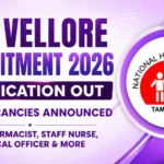 DHS Vellore Recruitment 2026 thumbnail featuring a light purple gradient background, bold recruitment announcement text, and the National Health Mission Tamil Nadu logo highlighting 43 vacancies.