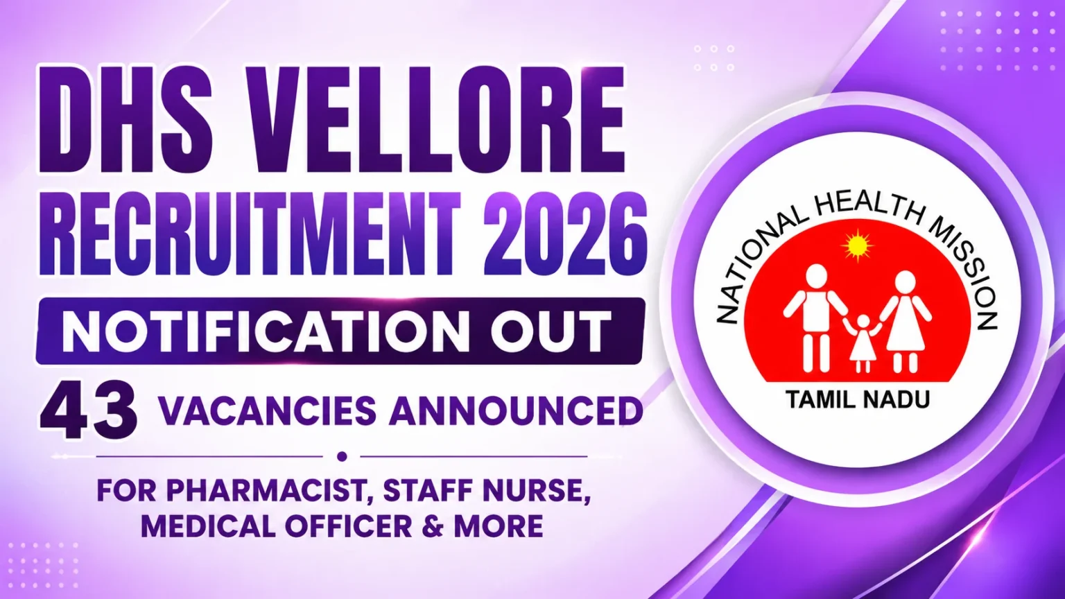 DHS Vellore Recruitment 2026 thumbnail featuring a light purple gradient background, bold recruitment announcement text, and the National Health Mission Tamil Nadu logo highlighting 43 vacancies.