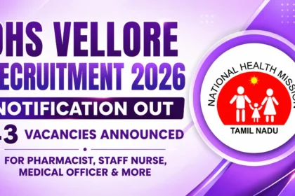 DHS Vellore Recruitment 2026 thumbnail featuring a light purple gradient background, bold recruitment announcement text, and the National Health Mission Tamil Nadu logo highlighting 43 vacancies.