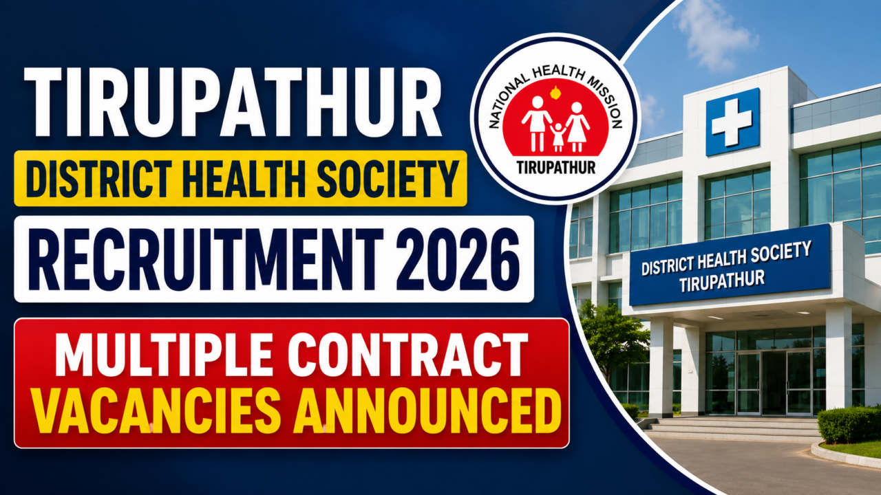 Tirupathur District Health Society Recruitment 2026 thumbnail featuring a modern hospital building, National Health Mission logo, and bold text announcing multiple contract vacancies under DHS Tirupathur.
