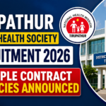 Tirupathur District Health Society Recruitment 2026 thumbnail featuring a modern hospital building, National Health Mission logo, and bold text announcing multiple contract vacancies under DHS Tirupathur.
