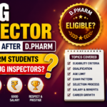 Drug Inspector Eligibility After D.Pharm thumbnail featuring bold typography, government job icons, eligibility badge, inspection report checklist, and career guidance elements on a vibrant red-orange gradient background.