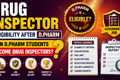 Drug Inspector Eligibility After D.Pharm thumbnail featuring bold typography, government job icons, eligibility badge, inspection report checklist, and career guidance elements on a vibrant red-orange gradient background.