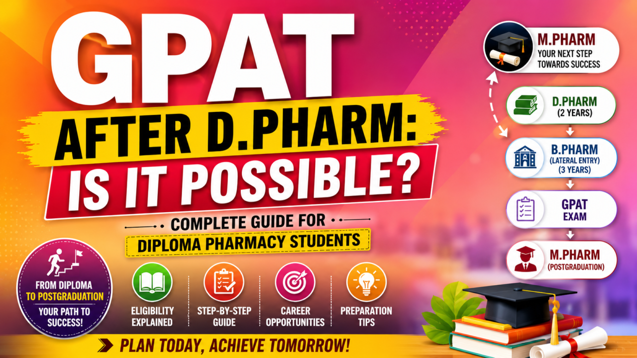 Colorful GPAT after D.Pharm thumbnail featuring a vibrant orange-pink gradient background, GPAT eligibility pathway, D.Pharm to B.Pharm to GPAT to M.Pharm progression, graduation cap, and educational icons.