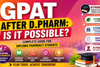 Colorful GPAT after D.Pharm thumbnail featuring a vibrant orange-pink gradient background, GPAT eligibility pathway, D.Pharm to B.Pharm to GPAT to M.Pharm progression, graduation cap, and educational icons.