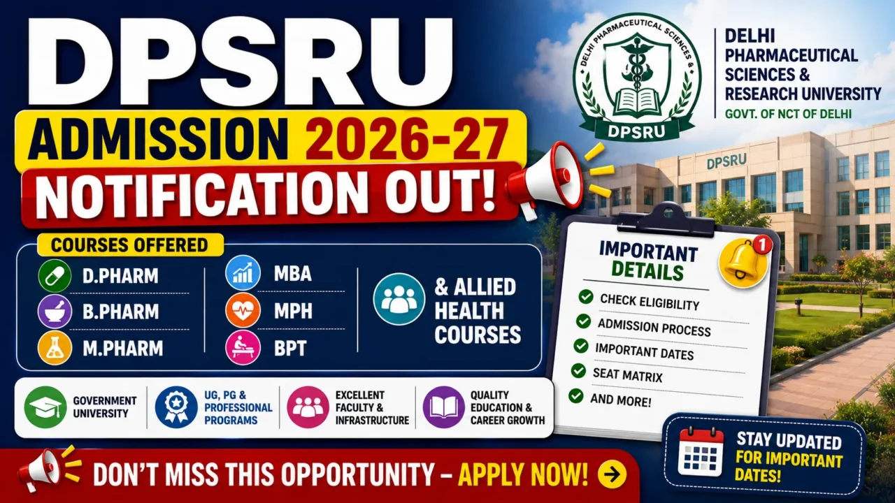 DPSRU Admission 2026-27 notification thumbnail featuring Delhi Pharmaceutical Sciences and Research University (DPSRU), admission announcement, courses including D.Pharm, B.Pharm, M.Pharm, MBA, MPH, BPT, Allied Health Courses, and important admission details such as eligibility, admission process, and key dates.