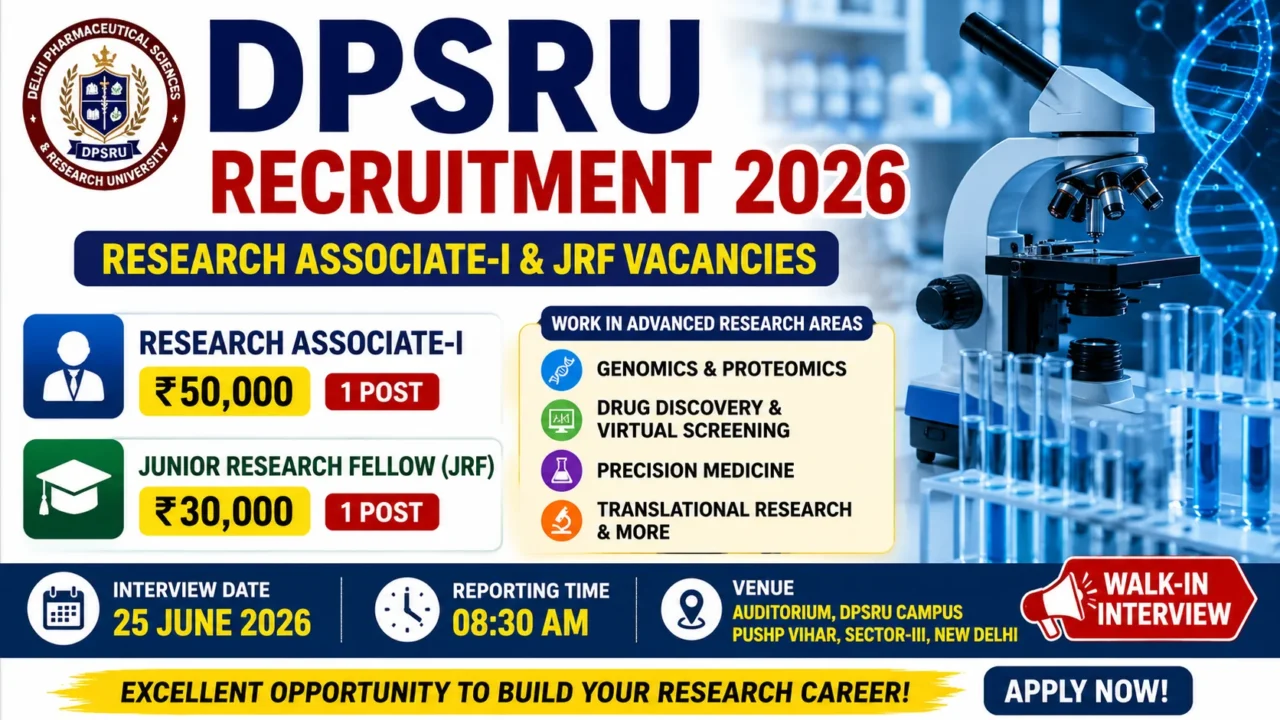 DPSRU Recruitment 2026 notification for Research Associate-I and Junior Research Fellow vacancies with salary details, interview date, and research opportunities in genomics, precision medicine, and drug discovery.