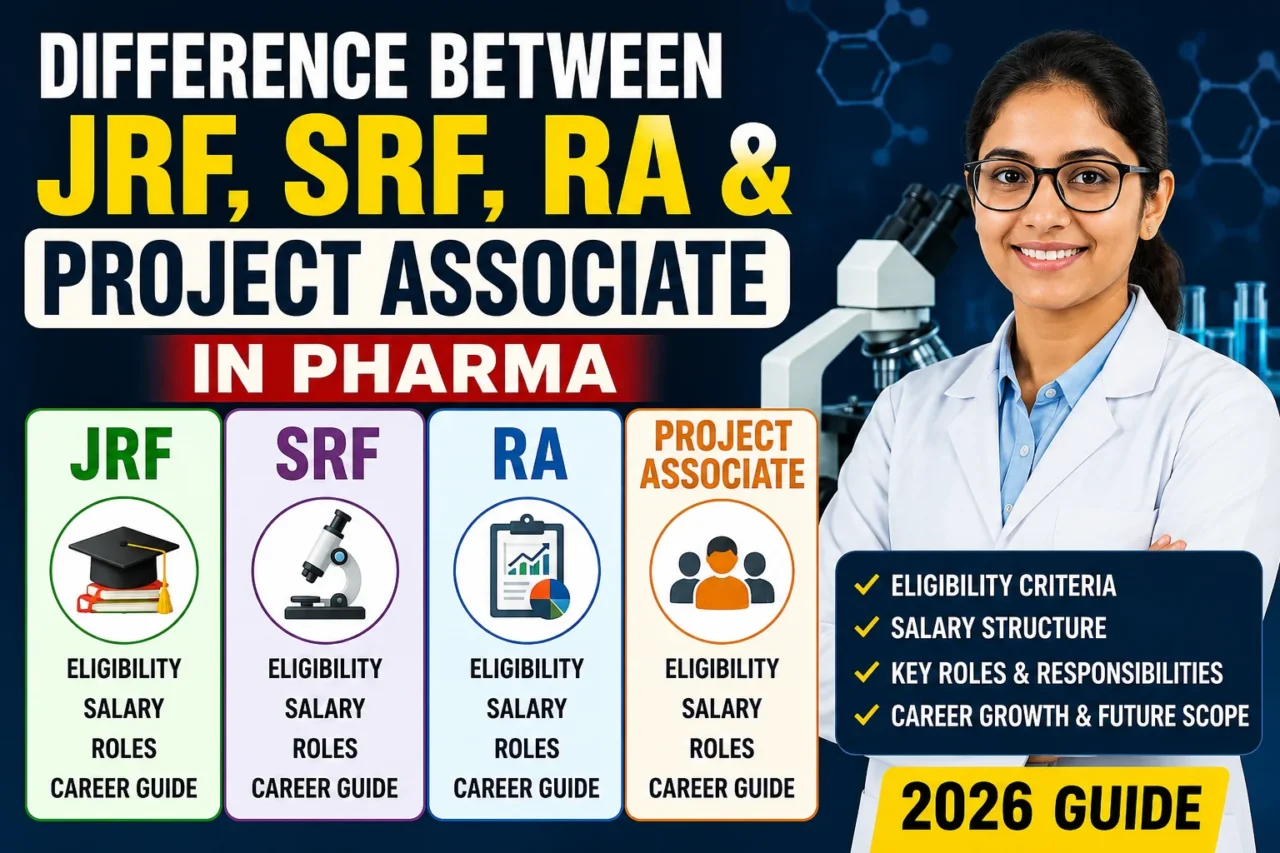 YouTube thumbnail showing the difference between JRF, SRF, RA, and Project Associate roles in the pharmaceutical field, featuring a female researcher in a laboratory with bold comparison text and a 2026 career guide theme.