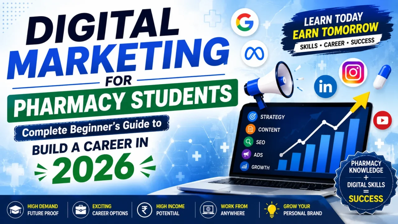 Eye-catching digital marketing banner for pharmacy students featuring SEO, social media, Google, YouTube, LinkedIn, growth chart, laptop, and career-building elements with the text "Digital Marketing for Pharmacy Students – Complete Beginner's Guide to Build a Career in 2026".