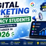 Eye-catching digital marketing banner for pharmacy students featuring SEO, social media, Google, YouTube, LinkedIn, growth chart, laptop, and career-building elements with the text "Digital Marketing for Pharmacy Students – Complete Beginner's Guide to Build a Career in 2026".