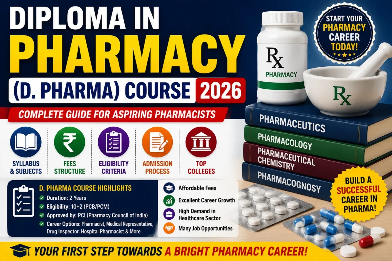Educational thumbnail showcasing the Diploma in Pharmacy (D. Pharma) Course 2026 with pharmacy books, medicines, mortar and pestle, syllabus details, fee structure, eligibility criteria, admission process, and top pharmacy colleges for aspiring pharmacists.