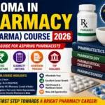 Educational thumbnail showcasing the Diploma in Pharmacy (D. Pharma) Course 2026 with pharmacy books, medicines, mortar and pestle, syllabus details, fee structure, eligibility criteria, admission process, and top pharmacy colleges for aspiring pharmacists.
