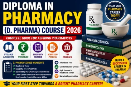 Educational thumbnail showcasing the Diploma in Pharmacy (D. Pharma) Course 2026 with pharmacy books, medicines, mortar and pestle, syllabus details, fee structure, eligibility criteria, admission process, and top pharmacy colleges for aspiring pharmacists.