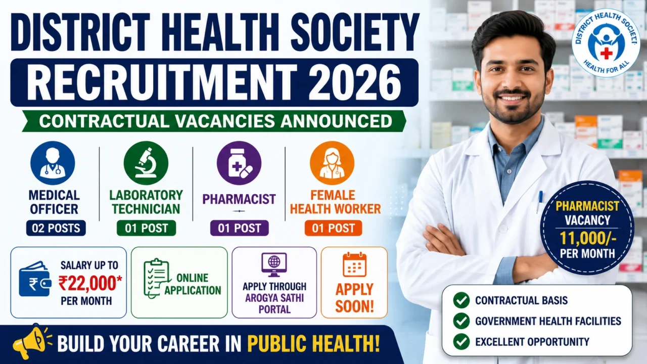 District Health Society Recruitment 2026 thumbnail featuring Pharmacist, Laboratory Technician, Medical Officer, and Female Health Worker vacancies. The image highlights contractual government healthcare jobs, online application process, salary details, and public health career opportunities.
