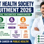 District Health Society Recruitment 2026 thumbnail featuring Pharmacist, Laboratory Technician, Medical Officer, and Female Health Worker vacancies. The image highlights contractual government healthcare jobs, online application process, salary details, and public health career opportunities.