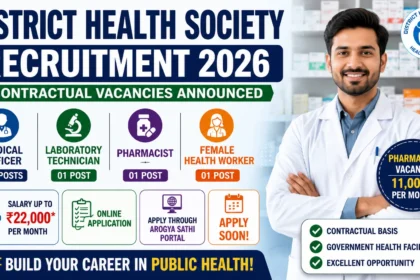 District Health Society Recruitment 2026 thumbnail featuring Pharmacist, Laboratory Technician, Medical Officer, and Female Health Worker vacancies. The image highlights contractual government healthcare jobs, online application process, salary details, and public health career opportunities.