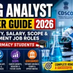 Drug Analyst Career Guide 2026 thumbnail featuring a laboratory scientist using a microscope, CDSCO background, and bold text highlighting eligibility, salary, scope, and government job roles for pharmacy students.
