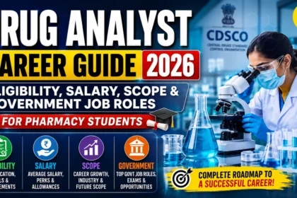 Drug Analyst Career Guide 2026 thumbnail featuring a laboratory scientist using a microscope, CDSCO background, and bold text highlighting eligibility, salary, scope, and government job roles for pharmacy students.