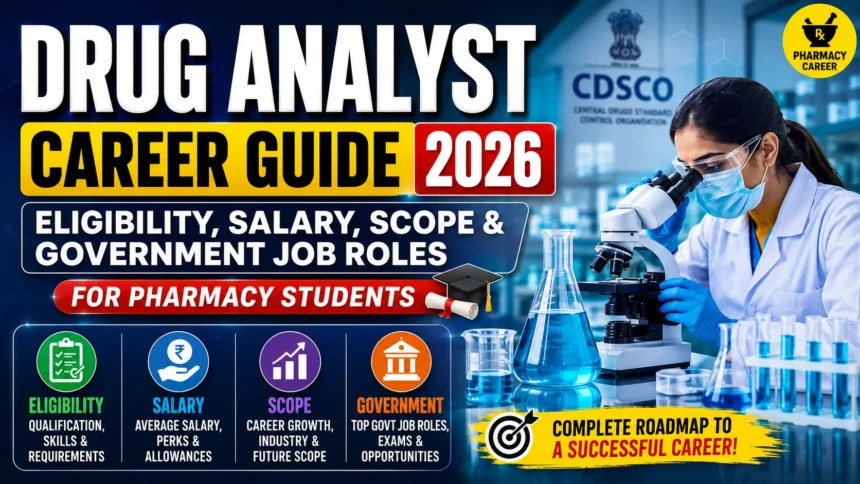 Drug Analyst Career Guide 2026 thumbnail featuring a laboratory scientist using a microscope, CDSCO background, and bold text highlighting eligibility, salary, scope, and government job roles for pharmacy students.