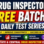 Drug Inspector Free Batch & Daily Test Series 2026 promotional banner featuring bold text, exam preparation highlights, free practice tests, performance analysis, and preparation for State and Central Drug Inspector examinations.