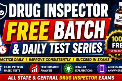 Drug Inspector Free Batch & Daily Test Series 2026 promotional banner featuring bold text, exam preparation highlights, free practice tests, performance analysis, and preparation for State and Central Drug Inspector examinations.