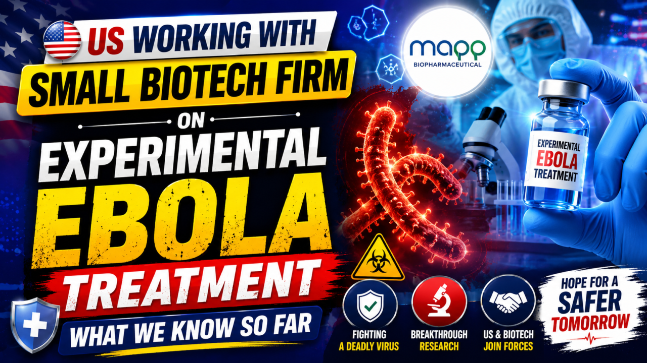 News-style thumbnail highlighting an experimental Ebola treatment collaboration between the United States and a biotech firm. Features an Ebola virus illustration, laboratory scientist, treatment vial, microscope, and biotechnology research visuals.